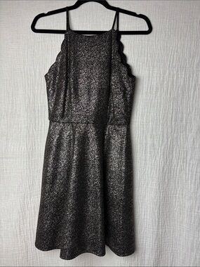 IN Size 1 Black Sparkle Halter Midi Dress with Scalloped Edges